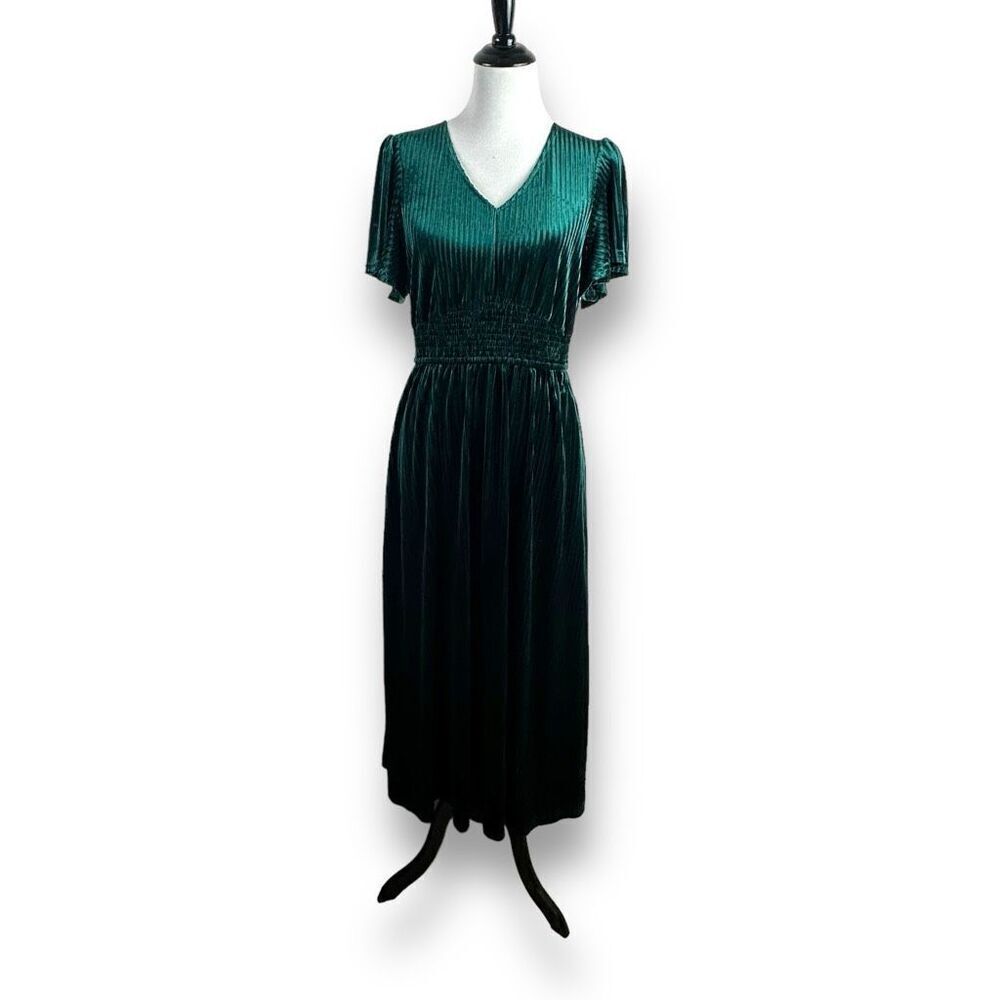 Merokeety Women's L Short Sleeve V-Neck Maxi Dress Emerald Green Pleated Valvet